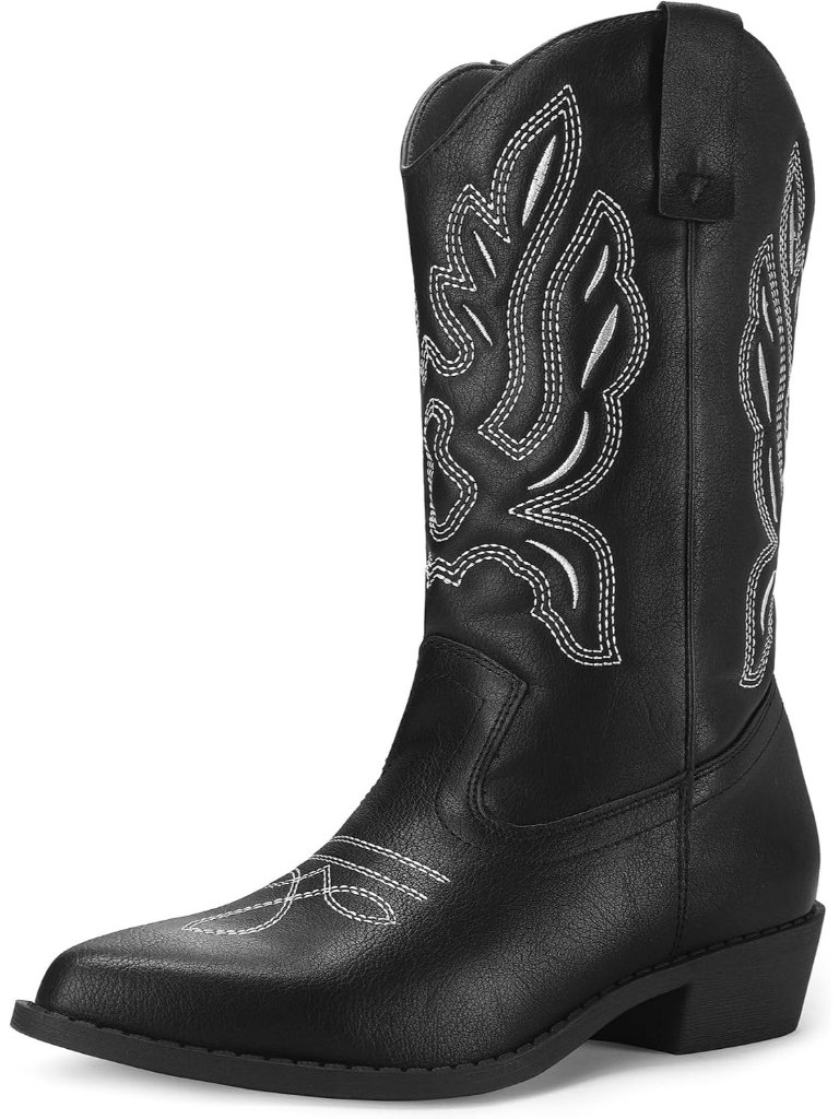 Women's Black Embroidery Mid Calf Low Heel Pointed Toe Kuee High Cowgril Boots